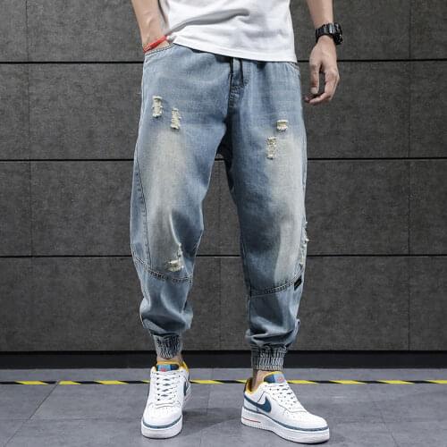 Summer Ripped Jeans Mens Fashion Oversized Loose Korean Elastic Waist Ankle-Length Harem Denim Jeans for Men Ripped Trousers