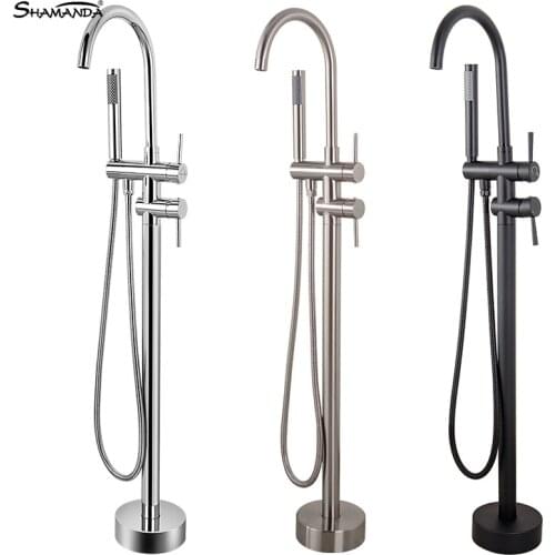 SHAMANDA Bath Solid Brass Chrome Nickel Brushed Black Bathtub Floor Stand Faucet Mixer Tap 360 Rotation Spout With Handshower