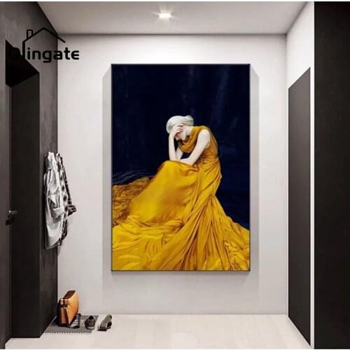 Modern Figure Pumpkin Wall Poster Woman Wear Yellower Dress Print Pictures One Piece Canvas Art Home Decor for Living Room