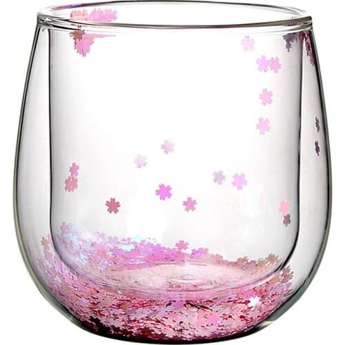 300ml Double Wall Glass Cup With Confetti Cherry Peach Japan blossomGlitter Romantic Drinking Mug Tumbler