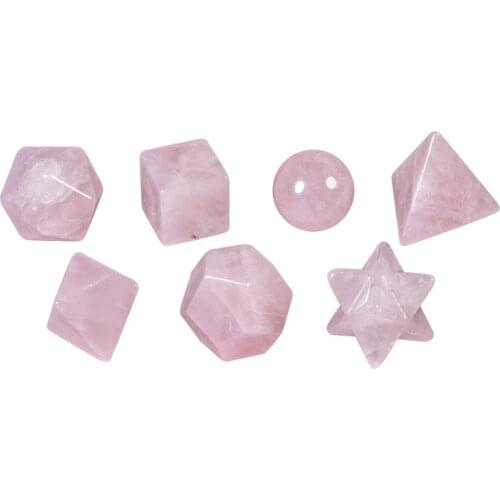 TUMBEELLUWA 7Pcs Rose Quartz Crystal Platonic Solids Sacred Geometry Set,Polished Healing Gem Stones for Reiki Chakra Balancing