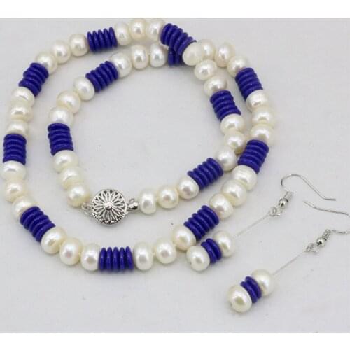 Unique necklace dangle earrings 9-10mm natural freshwater pearl rondelle beads women jewelry set for party weddings 18" B3456