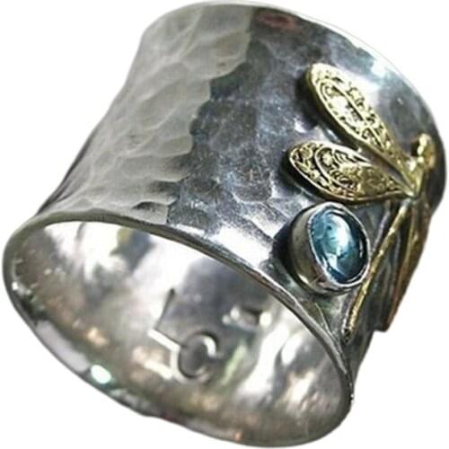 Vintage Large Wedding Women Ring Lake Blue Gemstone Dragonfly Ring Bridal Jewelry Accessories Luxury Jewelry