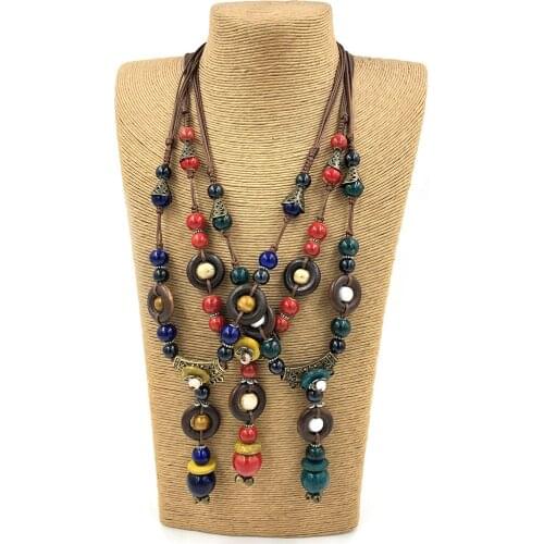 Vintage Ethnic Colorful Ceramic beads pendant Necklace Adjustable Knotted Long pendant necklace for Women gift