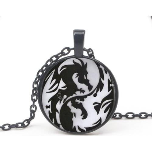 Vintage Yin Yang Dragon Pendant Necklace Glass Round Long Black Chain Fashion Womens Necklace Birthday Holiday Souvenir