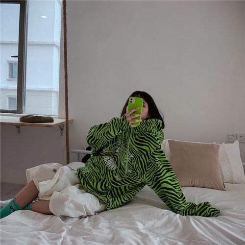 Woman Zebra Print Hoodies Neon Green Oversized Harajuku Loose Bf Student fashion Streetwear Ladies Sweatshirt 2021