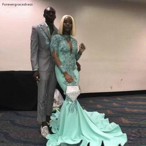 African Girls Long Sleeves Prom Dresses Mermaid Satin Appliques Party Gowns Women Wear Custom Made Plus Size Available