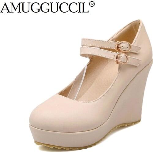 Wholesales!Plus Big Size 34-43 Black White Purple Apricot Buckle Sweet Girls Wedge Shoes Lady Women Pumps D1167