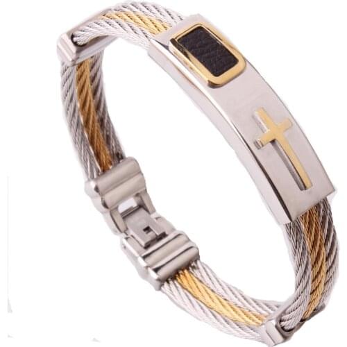 Granny Chic Classic Cross Cuff Bracelet Men Jewelry 18.5cm Stainless Steel Wire Chain Souvenirs and gifts for Male