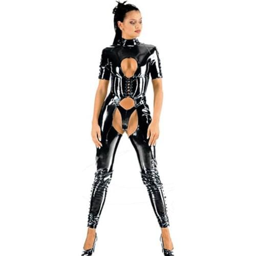 Women Short Sleeve Sexy Shiny PVC Catsuit Strappy Open Crotch PU Jumpsuit Bondage Slim Crotchless Body Suits Fetish Costume