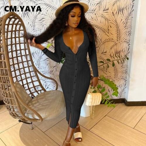 CM.YAYA Women Midi Dress Solid Full Sleeve Single Breasted V-neck Skinny Pencil Dresses Fashion Sexy Vestidos Outfit Autumn 2021