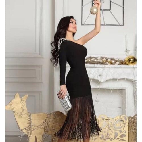 High Quality Celebrity Fashion One Shoulder Taseel Rayon Bandage Dress Cocktail Party Bodycon Dress