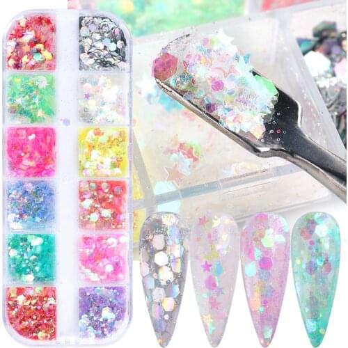1 box Holographics Glitter Flakes Nail Decoration Iridescent Star Heart Design Sticker Colorful Sequin Manicure