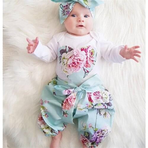 3pcs Infant Baby Girl Clothes Newborn Autumn Long Sleeve Ruffle Cotton Tops Floral Pants Headband Clothing Outfit Set Fall 0-24M