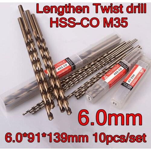 6.0*91*139mm 10pcs/set HSS CO5% M35 Containing cobalt longer twist drill Processing stainless steel and steel