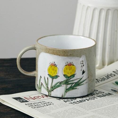 Japanese style pure hand-painted plants and flowers stoneware water cup mug teacup literary fan