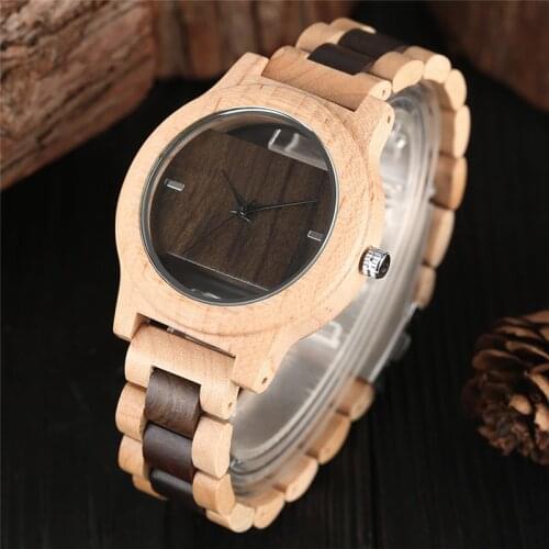 Multicolor Hollow Out Dial Mens Wooden Watch Casual Nature Wood Wristwatch Quartz Analog Clock Adjustable Bracelet Strap Gift