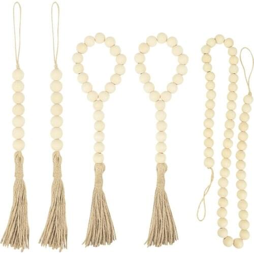 4 Styles DIY Wooden Beads Garland With Jute Rustic Tassels Wood Bead Pendant For Home Room Wall Hanging Decor Crafts Boho Gifts