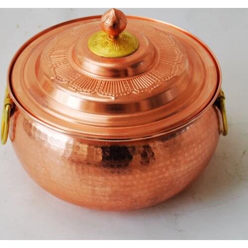 Handmade Pure Copper Casserole Stew Pot Deep Thick Handle with Lid Induction Cooker