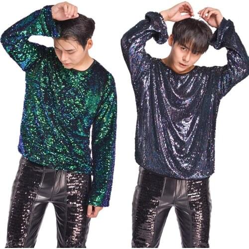 Concert Rock Male Singer Loose Long-Sleeved Sequin T-Shirt Bar Nightclub Jazz Dance Costume Drum Catwalk Performance Top DWY2732