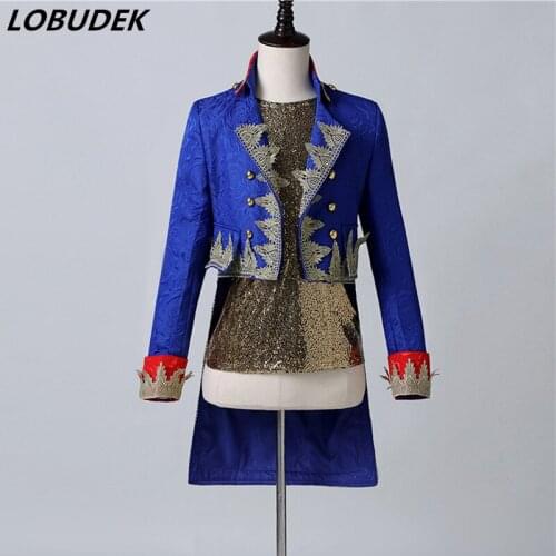 Mens Blue Court Tailcoat Vintage Embroidery Stand Collar Long Blazer Singer Host Magician Stage Show Drama Role Playing Costume