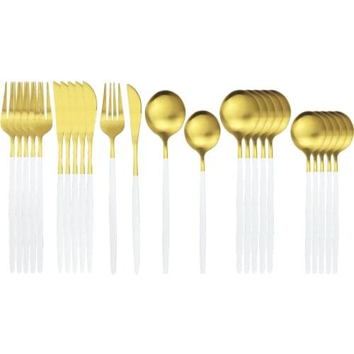 24Pcs White Gold Cutlery Set Knife Fork Dessert Spoon Tableware Set Stainless Steel Dinnerware Set Kitchen Dinner Tableware Set