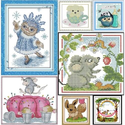 Cross Stitch Patterns Kits Cartoon Animal Printed Fabric 14CT DIY Embroidery Needlework Sets Cotton Threads Home Decor Paintings