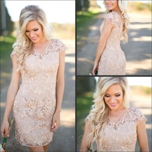 Cheap Country Bridesmaid Dresses V Neck Full Lace Short Sleeves Champagne Sheath Wedding Guest Wear Party Dresses Maid of Honor