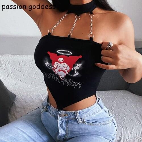 New Summer 2021 Black Women Sexy Halter Sleeveless Backless Crop Tops Cartoon Chain Gothic Tank Top Mall Goth Female Clothes
