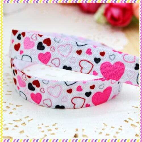 5/8'' Free shipping Fold Over Elastic FOE valentine heart printed headband headwear hair band diy decoration wholesale OEM B677