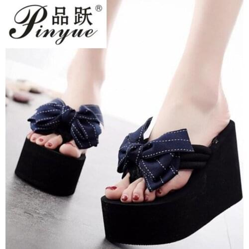 Bowknot Heeled Women Slippers Summer 11CM High Heels Wedge Platform Shoes Sweet Womens Beach Slippers