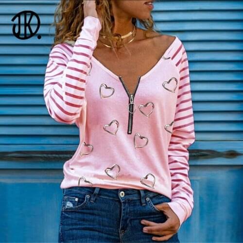 Spring Long-sleeved Love Printed Tees Chic V-neck Zipper T-shirt 2021 Ins Style Sexy Pullovers For Femme Casual Plus Size Tops