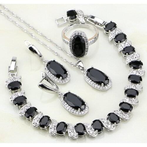 925 Silver Jewelry Black Birthstone Charms White CZ Costume Jewelry Sets For Women Party Earring/Pendant/Necklace/Bracelet/Ring