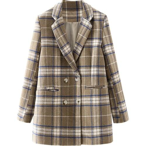 2021Women Autumn Winter Coffee Plaid Woolen Blazer Coat Vintage Casual Double Breasted Long Sleeve Female Outerwear Chic Tops