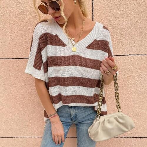 ZJZLL Womens Sweater 2021 Autumn Fashion New European American V-neck Striped Short Sleeve Loose Classic Knitted Pullover Top