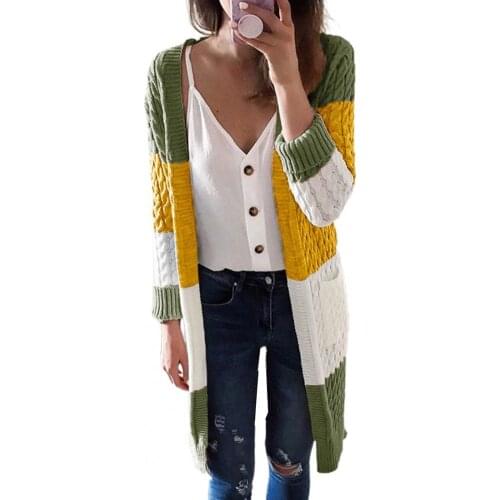 2021 New Loose Cardigan Color Block Twist Weave Pattern Women Long Sleeve Knitted Coat Streetwear