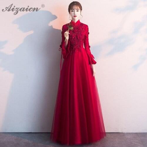 Fashion Lace Yarn Skirt Cheongsam Red Modern Bride Marry Vintage Gown Evening Dresses Qi Pao Women Chinese Wedding Dress Qipao