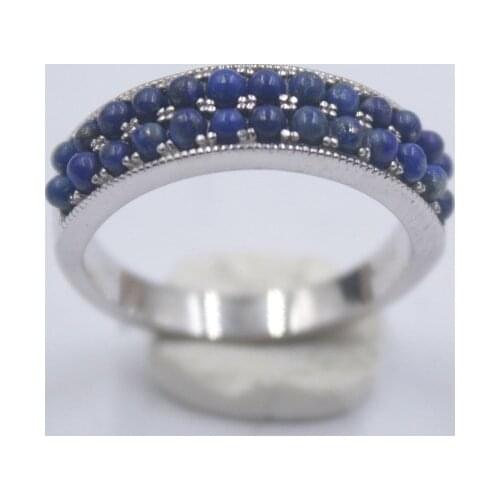 Solid S925 Sterling Silver Women Ring Lapis Lazuli Perfect Mini Beads Ring 6mmW US6-9