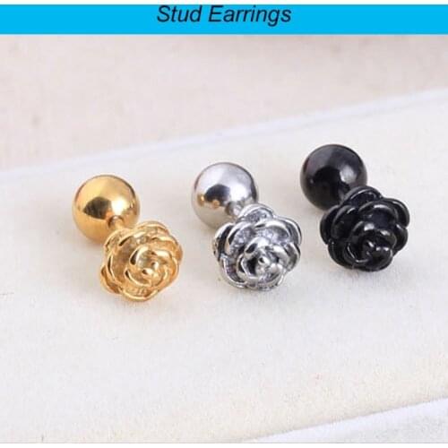 1 piece beautiful romantic Rose flower shape color Black Gold titanium steel Men Women pierced stud earrings free shipping