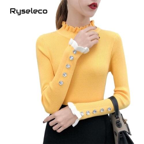 2018 Fall Winter Pullover Crystal Beading Flare Sleeve Sweater Knit Jumper Women Sexy Elastic Ruffles Basic Female knitted Tops