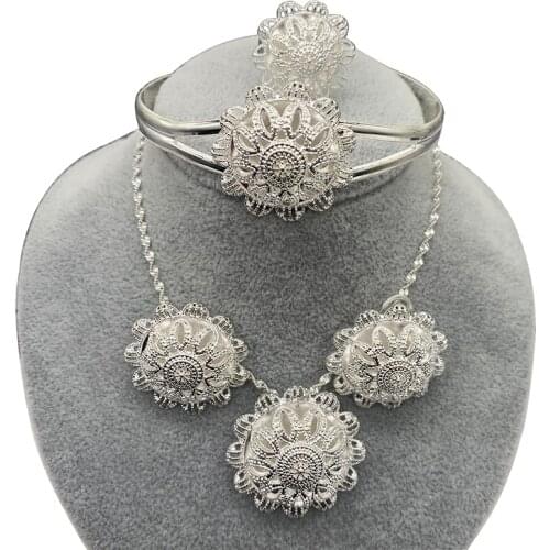 White Ethiopian Jewelry set for women ,Silver Color Pendants Sets, Necklaces, Bangle,Earrings, Ring, Habesha African Jewelry