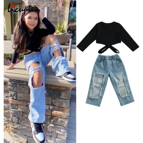 2-7 Years Casual Baby Girl Sets 2 Pieces Kids Suit Set Girls Solid O-neck Long Sleeve Hollow Out Tops+ Ripped Jeans Spring Fall