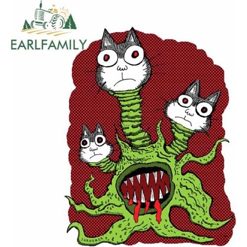 EARLFAMILY 13cm x 13cm for Threeheaded Cat Big Mouth Surfboard Decal Anime Personality Decoration Cartoon Car Stickers Windows