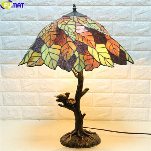 FUMAT Tiffany Style Table Lamp Fallen Leaves Birds Nest Tree Stained Glass Desk Light Classical Lighting Decoration Home Art