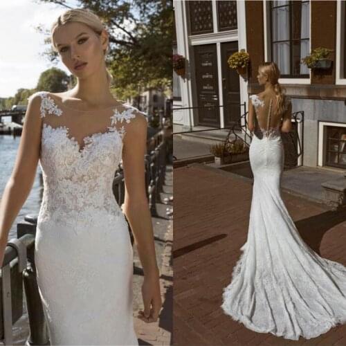 Sexy Mermaid White Illusion Wedding Dresses Custom Made Appliques Court Train Bridal Gowns Lace Dresses 2020
