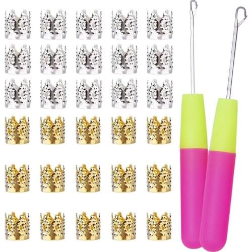 LMDZ New 32pcs/Set Plastic & Wood Hair Weaving Crochet Needles Dreading Hooks Dreadlocks Rhinestone Hair Ring