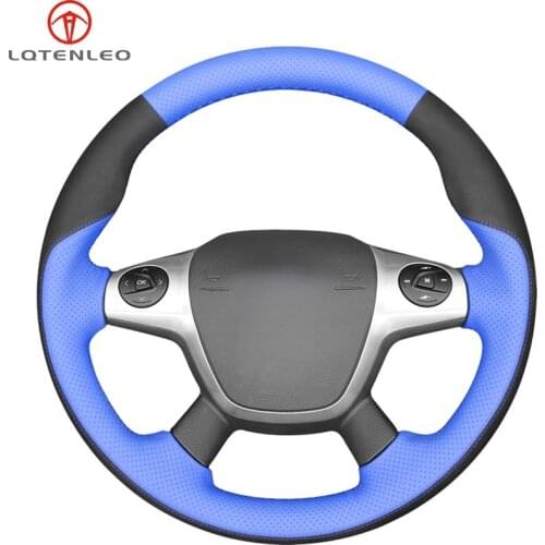 LQTENLEO Black Suede Blue Leather Car Steering Wheel Cover For Ford Focus 3 2011-2014 Escape 2013-2016 C-MAX 2011-2018 Transit