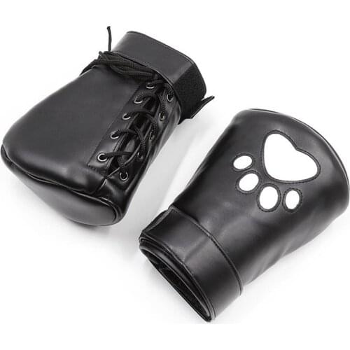 Unisex Padded Soft Faux Leather Paw Print Fist Mitts Pet Play Fingerless Gloves Mitten Hand Restraint Fetish Wear Costume Props