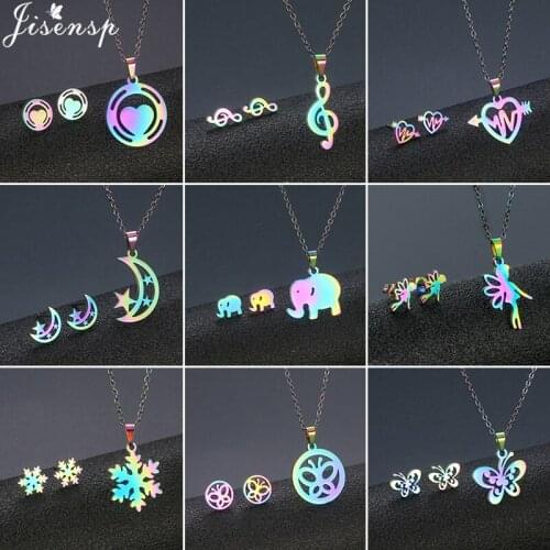 Fashion Colorful Bijoux Stainless Steel Love Heart Necklace Women Cute Butterfly Music Snowflake Earrings Jewelry Set Wholesale