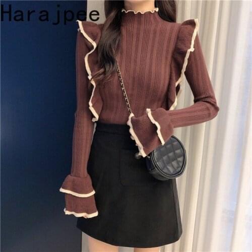 Harajpee Fashion Bottomed Shirt Fungus Edge Design Slim Fit High Collar Tops Womens Long Sleeve Top Autumn 2021 New Sweater